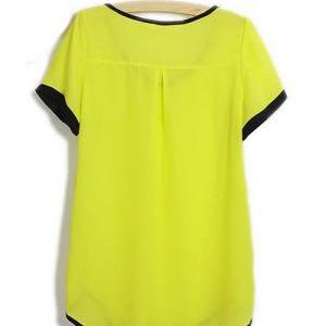 Yellow Short Sleeve Women Fashion Tops Slim Round..